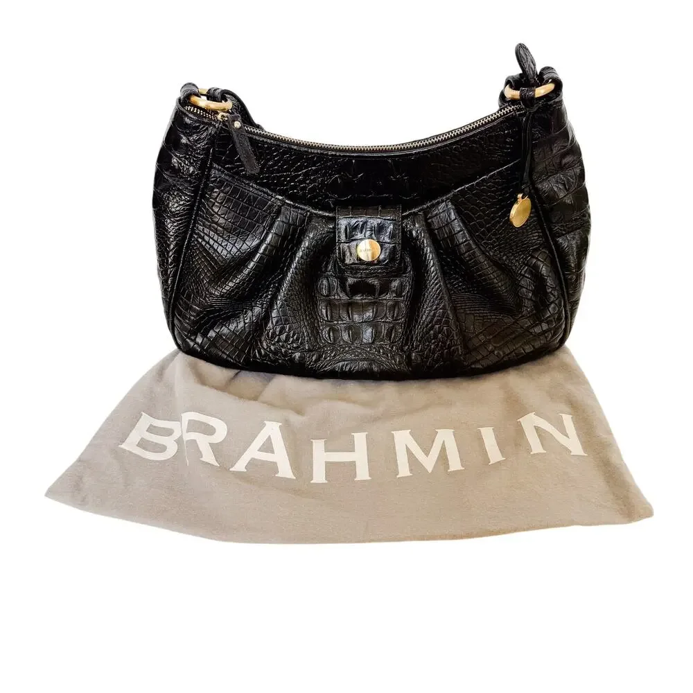 Brahmin Melbourne Black Leather Crocodile Embossed Shoulder Bag Purse Dust Bag